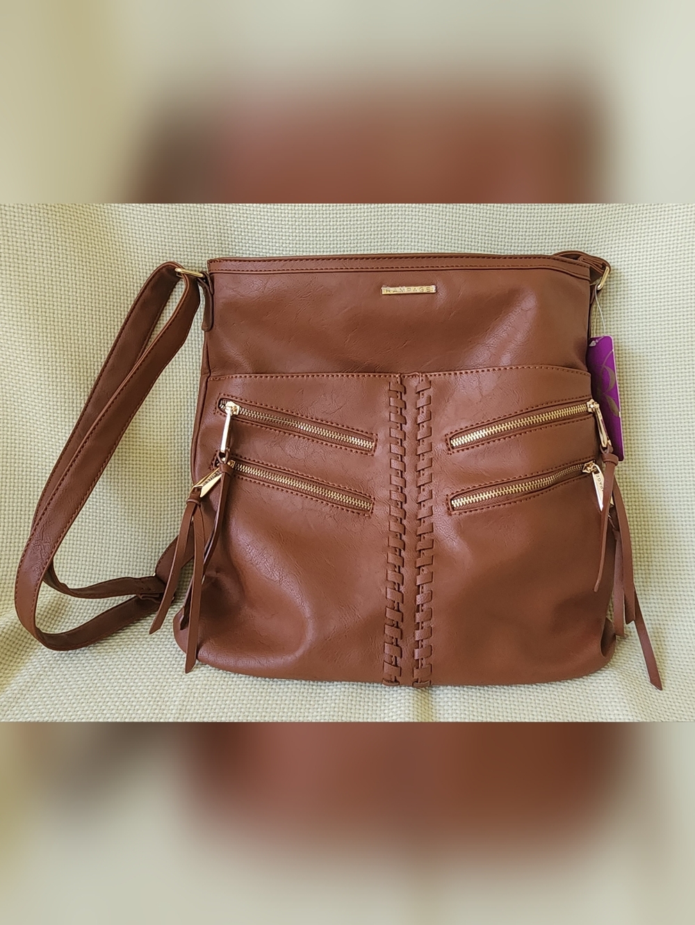NWT Lrg Rampage Cognac Crossbody 14x14 Y2K Boho Multi Zip Whipstitch Snap Pocket - Picture 2 of 16